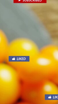 Camera shifting right, badges animating, clearing, revealing cherry tomatoes, showing food styling