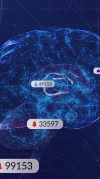 Vertical video: Badge appearing, causing 3D brain rotating, icons sliding, showing neural data