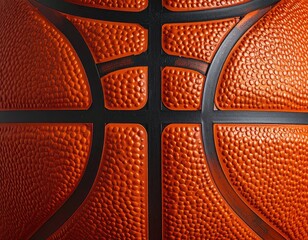 Fototapeta premium Detailed close-up view of an orange basketball's textured surface and black seams.