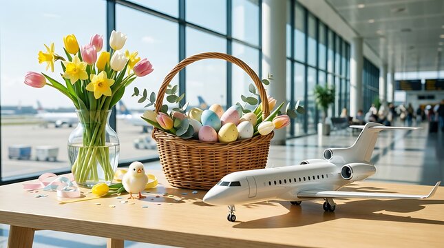 Spring easter basket full of colorful eggs and tulips on table near airplane model in airport terminal with planes outside window symbolizing holiday travel transportation and celebration.