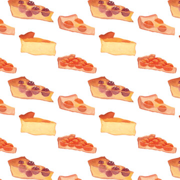 Watercolor French pie slices seamless pattern with clafoutis, mirabelle tart, and custard pie, hand painted dessert repeat background for bakery branding, textile, wrapping paper, and menu design
