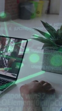 Vertical video: Right hand pausing near mouse on desk, starting tech data overlay across call