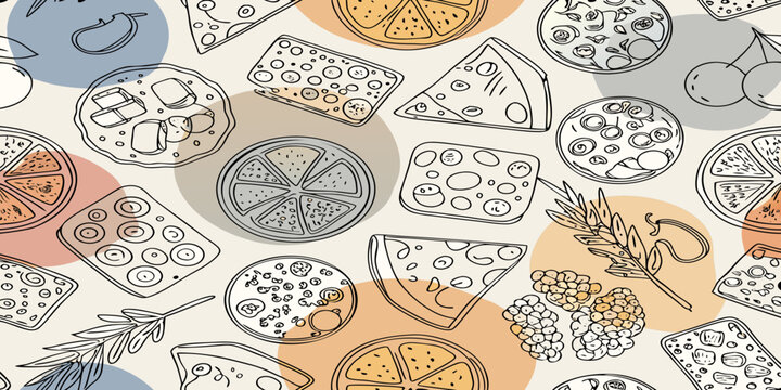 A colorful pattern of cheese fruit and wheat a food silhouette