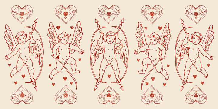 Vintage cherubic cupids with bows and hearts a romantic silhouette