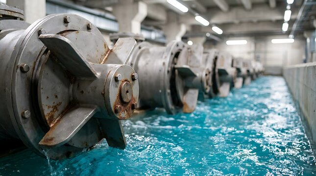 Industrial water pump impeller inside concrete channel with blue flowing water and overhead lighting, close up perspective with multiple pumps receding into background.