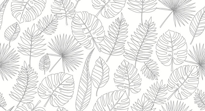 Tropical Leaf Pattern Outline Vector Seamless Background