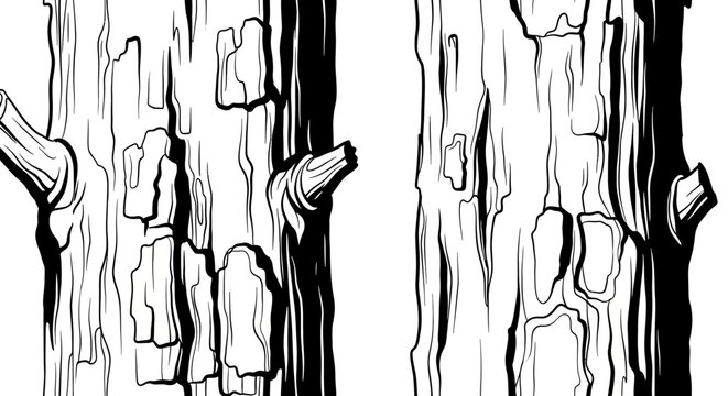 Close-up of Textured Tree Bark, Black and White Illustration
