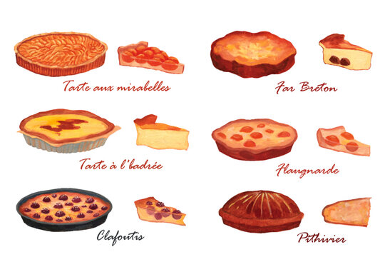 Watercolor French pie collection with tarte aux mirabelles, far breton, tarte a la badree, flanagnarde, clafoutis, and pithiviers, hand painted dessert set for menu, bakery branding, and food design