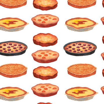 Watercolor rustic French pies seamless pattern with round baked desserts and fruit tarts, hand painted pastry repeat background for bakery branding, textile, packaging, and menu design