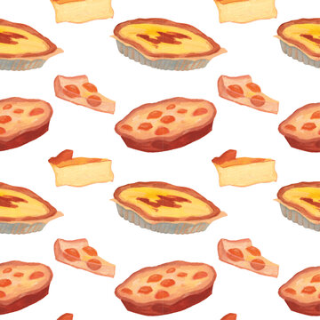 Watercolor French custard pie seamless pattern with slice and tart mix, hand painted dessert repeat background for bakery branding, wrapping paper, textile, and menu design