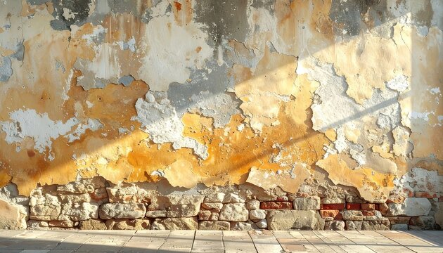 A weathered wall with peeling paint and exposed brick shows textures and shadows.