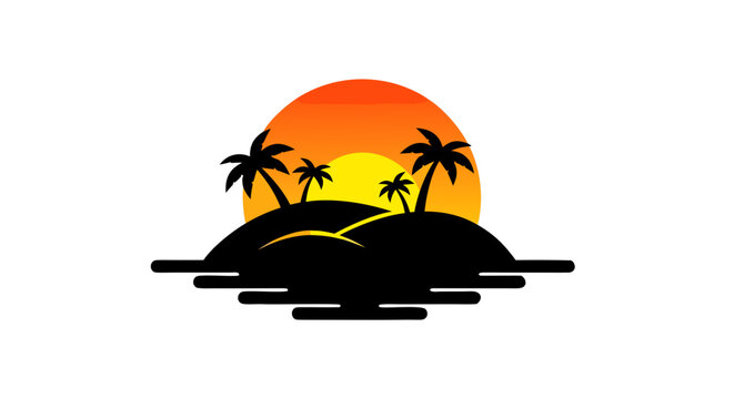 Vector illustration of a tropical landscape featuring easter eggs in the grass under a palm tree on a sunny summer beach with a sunset ocean background