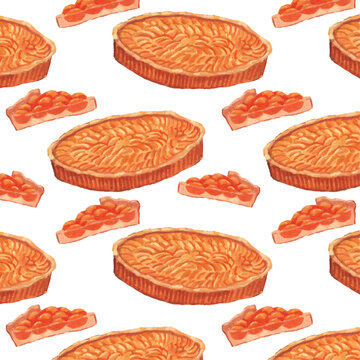 Watercolor mirabelle tart seamless pattern with whole pie and slice, hand painted French dessert repeat background for bakery branding, textile, wrapping paper, and menu design