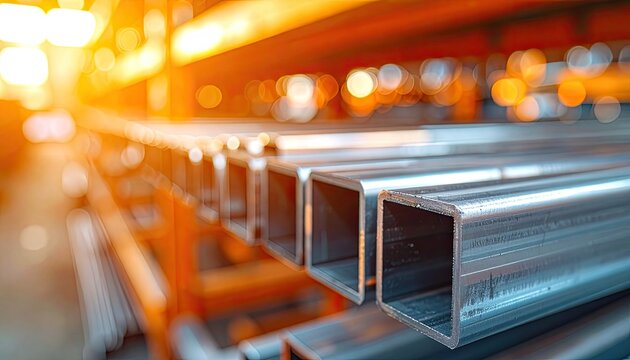Rows of square metal tubes stacked on industrial shelving, illuminated by warm light.