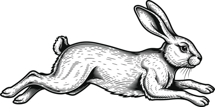 Detailed vector illustration of a running wild hare captured in a dynamic side profile etching style graphic