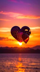 Fototapeta premium A surreal heart-shaped structure floats above a tranquil body of water during a vibrant sunset.