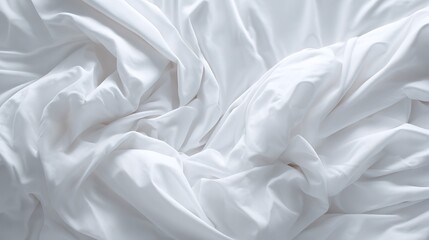 Obraz premium Soft White Bed Sheets Background with Gentle Folds and Subtle Shadows, Luxurious Fabric Texture, Clean and Minimalist Textile Design