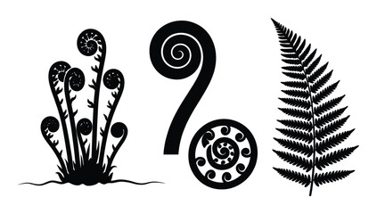 Black silhouette of fern leaves and koru spiral symbols isolated on transparent grid background set © GoDesigner