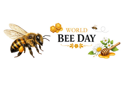 Vintage World Bee Day illustration, honeybee and honeycomb with flowers, golden watercolor nature poster design isolated PNG with Transparent Background