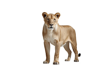 Fototapeta premium Lioness standing looking forward on transparent background