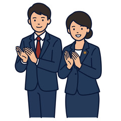 Fototapeta premium Japanese business man and woman in suits smiling and clapping hands together for celebration or success