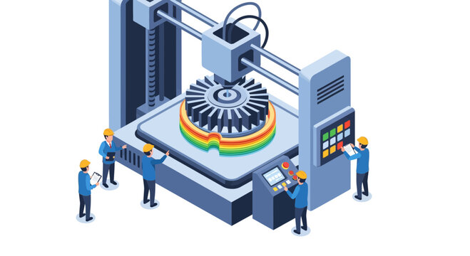 Industrial engineers using 3D printer machine to manufacture mechanical gear prototypes in a modern high tech factory environment
