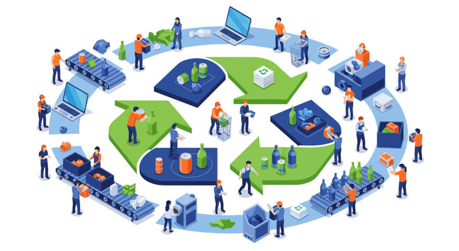 Isometric circular economy concept showing people recycling various waste items for a sustainable and green environment