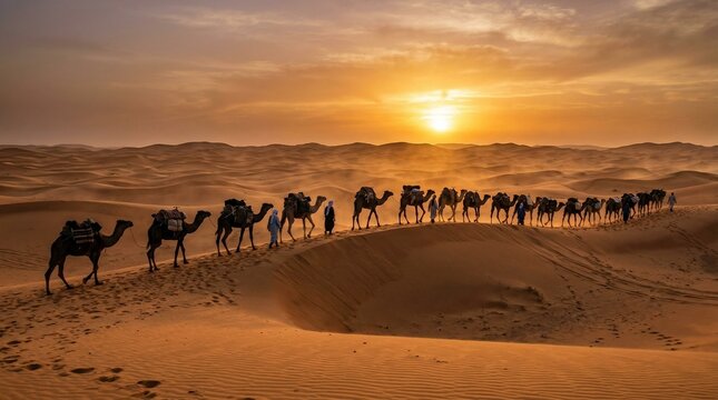 Camel Caravan Crossing Desert