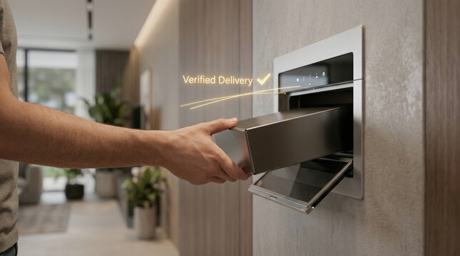 Futuristic autonomous delivery system in cyberpunk world showcases package being received with verified delivery