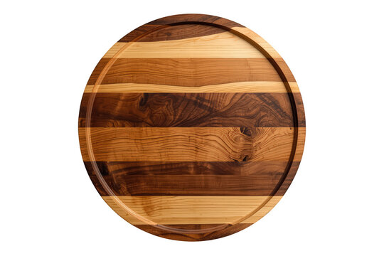 Round wooden pizza board with a natural wood grain pattern, an empty kitchen serving platter with groove