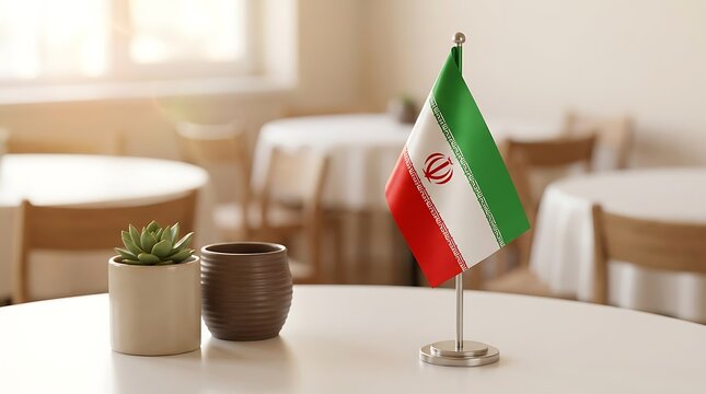 Small Iran flag on metal stand with succulent plant in pot on table in restaurant interior sunny day soft focus background.