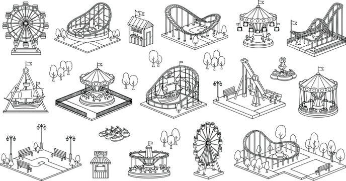 Isometric amusement park line art collection featuring roller coaster, ferris wheel, carousel, carnival rides, and fairground attractions for design