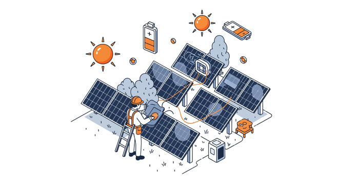 New solar cell man fix blue power grid green eco save fast high tech pro