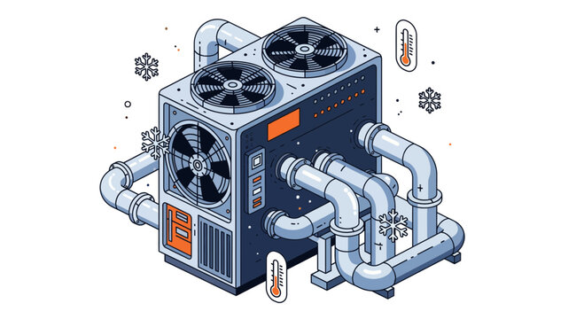 Industrial Refrigeration HVAC System Chiller Machine With Ventilation Fans Pipes For Climate Control Technology Equipment Vector