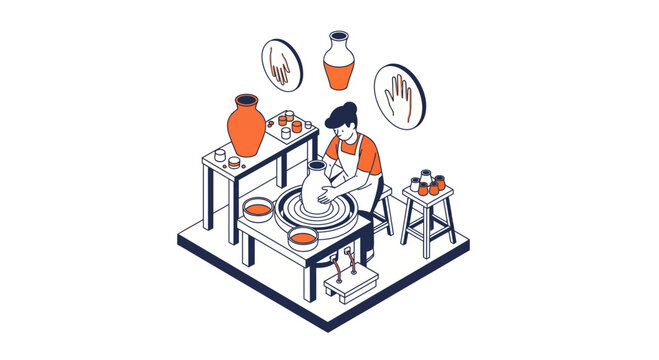 An isometric vector illustration depicting a female artist creating ceramic clay pottery on a spinning wheel in her creative studio workshop with handmade vases