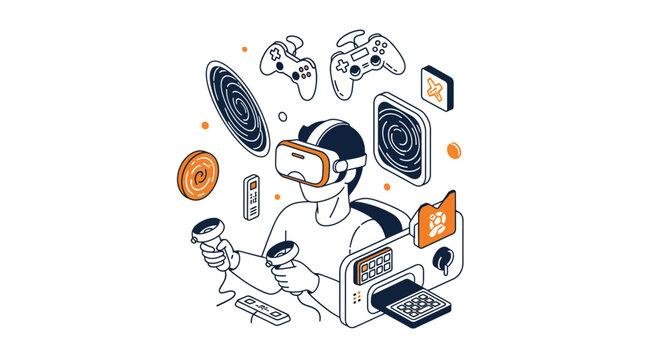 A person playing virtual reality video games with headset and controllers for an immersive digital tech experience