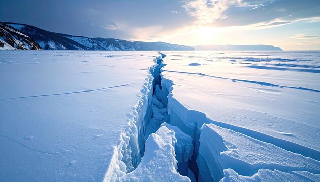 A dramatic crevice splits across a vast, frozen landscape under a cloudy sky.