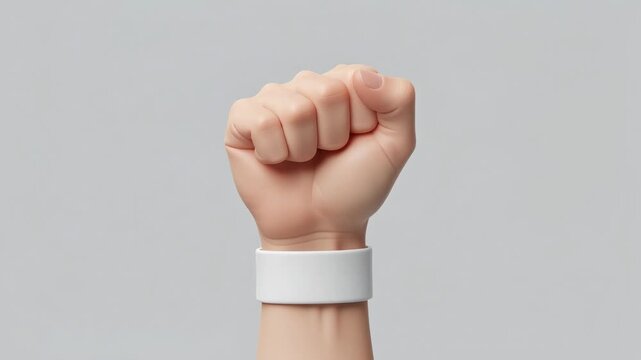 Close up of a human fist wearing a white fitness tracker band on a gray background