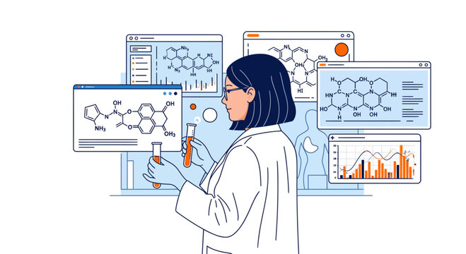 Female scientist in a lab coat to do bio tech data science study for info