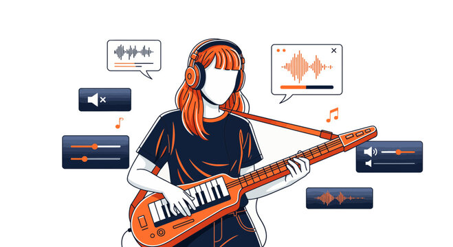 A girl plays keytar and edits sound with app tool and her pc at home