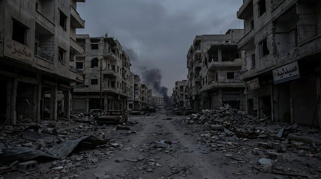 Devastated city street showing destroyed buildings war aftermath rubble debris and smoke rising in overcast sky conveying conflict and destruction of urban environments and infrastructure.