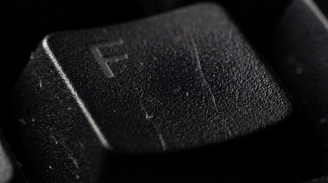 Extreme close-up of a black computer keyboard key with the letter f covered in water droplets