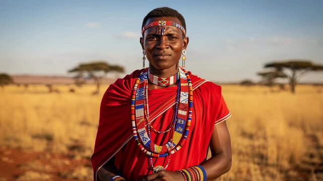 Portrait of Maasai warrior in traditional red attire with bead jewelry in African savannah landscape