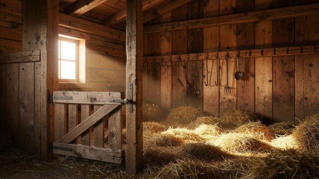 Rustic wooden barn interior with sunlight streaming through window illuminating hay and farming tools