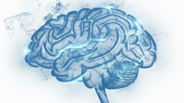 Detailed blue digital illustration of human brain with glowing neural connections for medical and science concepts