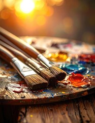 Fototapeta premium Artistic brushes rest on a paint-splattered wooden palette bathed in warm, golden sunlight.
