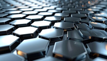 Obraz premium A close-up, abstract view of a metallic hexagonal grid with a shallow depth of field.