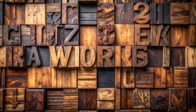 Vintage wooden letterpress blocks spelling out "RAW WORK" against a textured background.