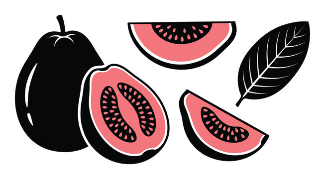 Guava fruit vector set with whole pink tropical fruit halves slices and single green leaf elements