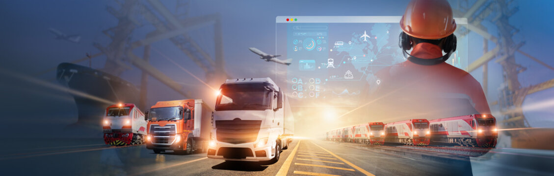 Logistics and transportation, Global business. Engineers, or logistics manager, are analyzing real-time data on dashboard and controlling the tracking of shipments distributed global, Import export